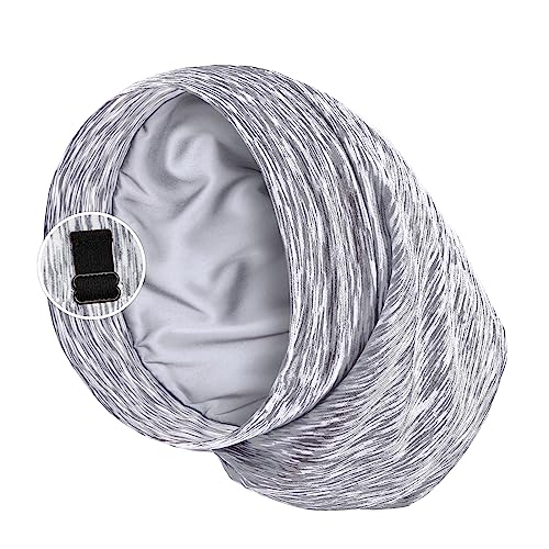 PARISBELLA Satin Lined Sleep Cap Bonnet for Curly Hair and Braids, Stay On All Night Hair Wrap with Adjustable Strap for Women and Men, Light Grey and White, Pack of 1 - Image 1