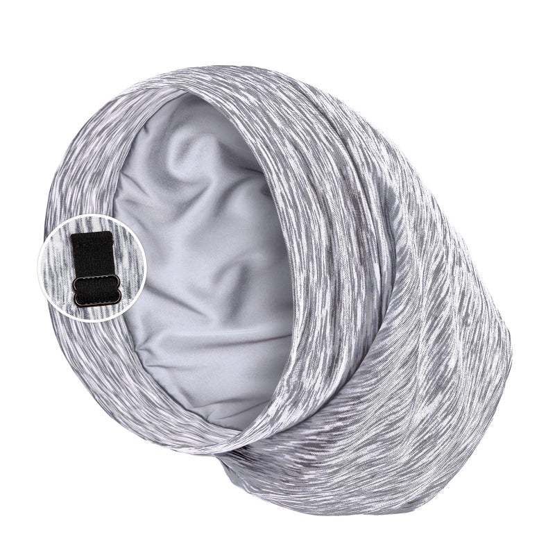 PARISBELLA Satin Lined Sleep Cap Bonnet for Curly Hair and Braids, Stay On All Night Hair Wrap with Adjustable Strap for Women and Men, Light Grey and White, Pack of 1 - Image 3