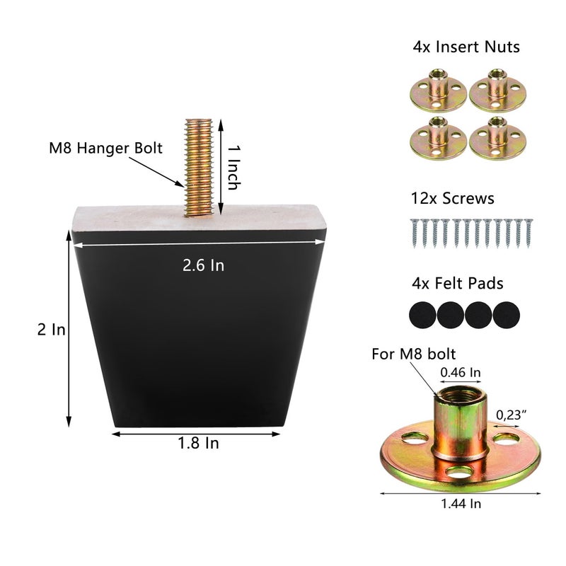 Michanco Furniture Legs 2 inch Black Square Sofa Couch Feet Wood Replacement Leg Set of 4 for Ottoman Dresser Cabinet - Image 4
