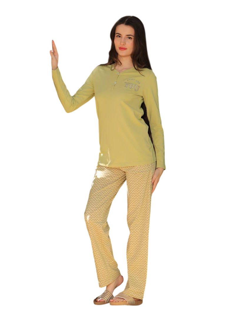 بيجامة نسائية بأكمام طويلة، بتصميم شعار و بنطلون بطبعة زهور، للنساء - Image 1