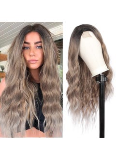 Kalyss Kalyss 26 Edge Synthetic Lace Front Curly Wigs Long Dark Roots ash Blonde Brown Body Wavy Wigs for Woman Center Parting Heat Resistant Lace Frontal Wigs 