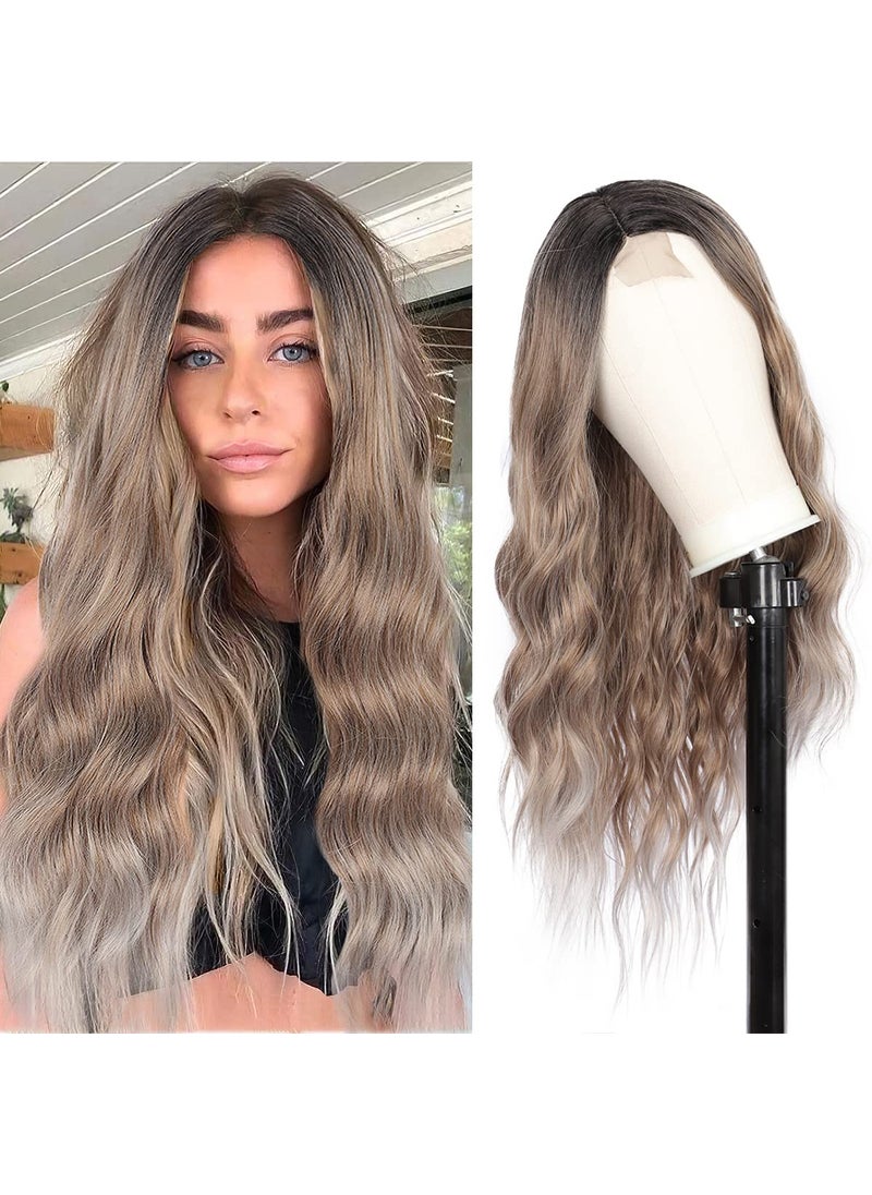Kalyss Kalyss 26 Edge Synthetic Lace Front Curly Wigs Long Dark Roots ash Blonde Brown Body Wavy Wigs for Woman Center Parting Heat Resistant Lace Frontal Wigs 