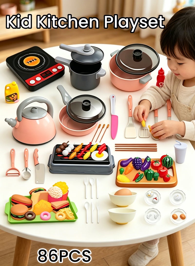 Kid Kitchen Playset, 86Pcs Pretend Kitchen Toy Set, Realistic Fake Play Kitchen Toy Set for Boys Girls Toddler Birthday Gift, Pretend BBQ Cooking Toy Accessories Simulation Induction Cooker Cooking Toys With Sound - Image 1