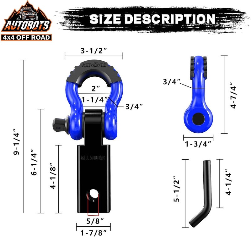 AUTOBOTS Tow Hitch Receiver 2", 45,000 Lbs Break Strength Shackle Hitch Receiver with 5/8" Screw Pin, 3/4 Shackle, Towing Accessories for Vehicle Trailer Recovery Off-Road Blue&Black - Image 4