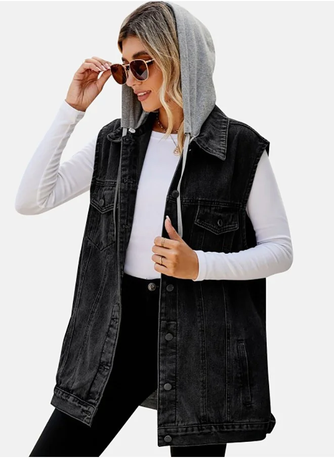 YUNIQEE Black Hooded Sleeveless Denim Jacket