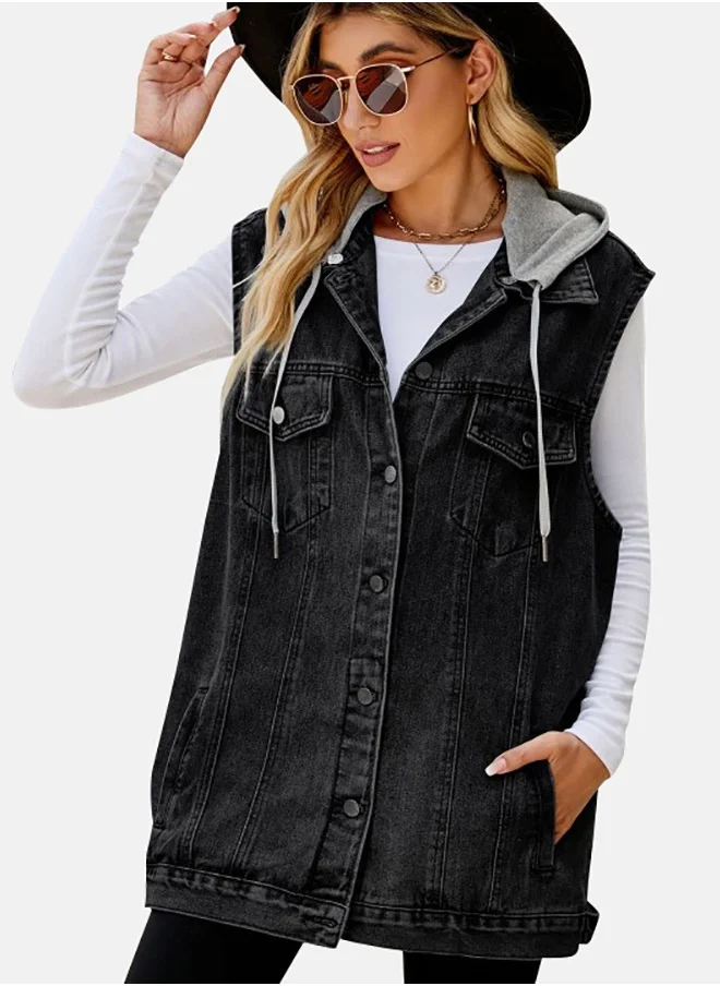YUNIQEE Black Hooded Sleeveless Denim Jacket
