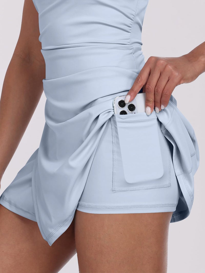 Caracilia Womens Tennis Dress Built in Shorts Square Neck Sleeveless Workout Athletic Mini Skort Dress Golf Summer Outfits Light Blue Medium - Image 3