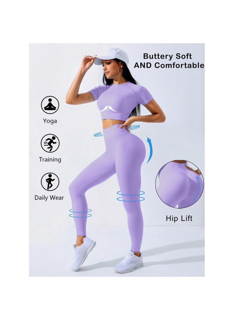 Generic - Seamless 5-Color Yoga Set Short Sleeve Peach Hip Pants Fitness Outfit Light purple - Image 1