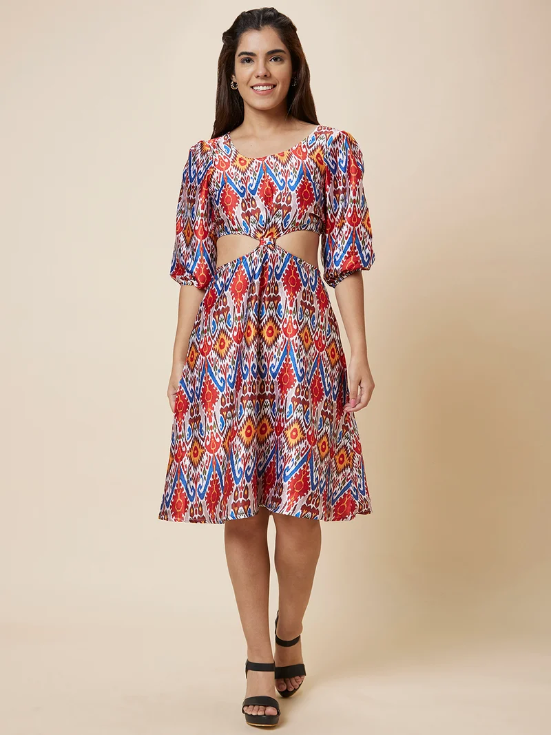 globus Women Red & White Ethnic Motif Printed Puff Sleeve Cut Out A-Line Dress