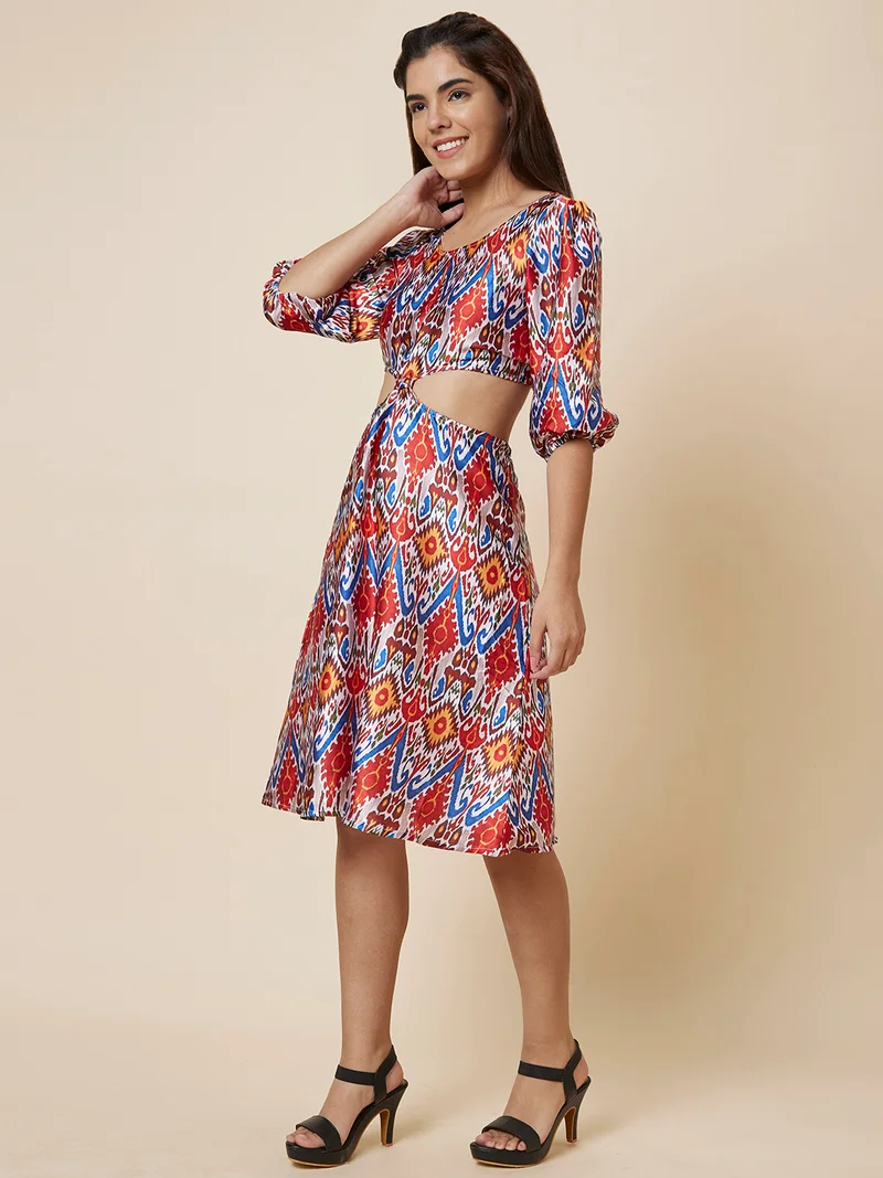 globus Women Red & White Ethnic Motif Printed Puff Sleeve Cut Out A-Line Dress