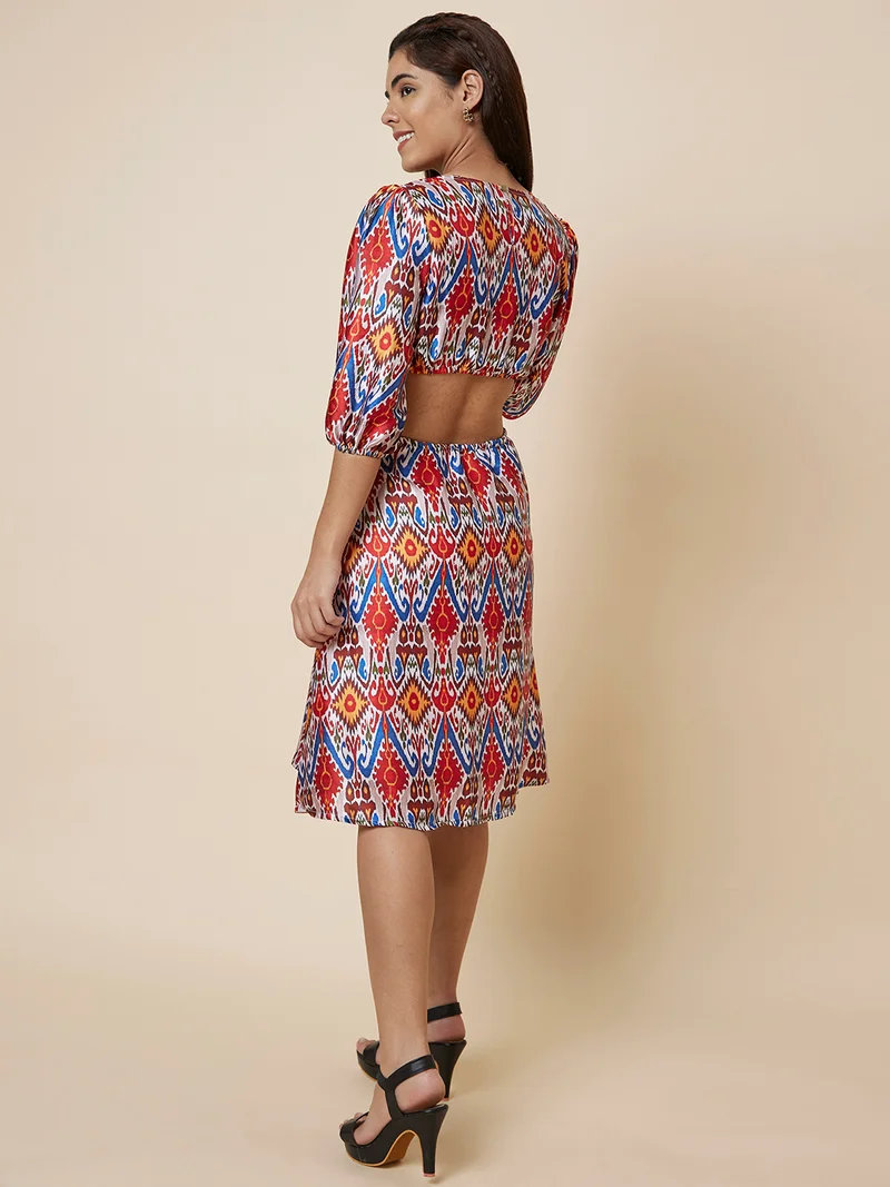 globus Women Red & White Ethnic Motif Printed Puff Sleeve Cut Out A-Line Dress