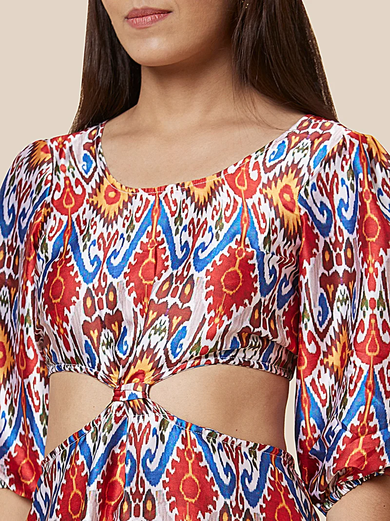 globus Women Red & White Ethnic Motif Printed Puff Sleeve Cut Out A-Line Dress