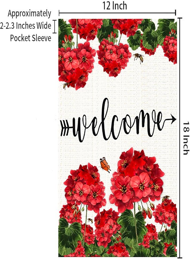 weizedm Spring Summer Geranium Welcome Garden Flag Double Sided Summer Bee Red Floral Small Burlap Yard Flag House Seasonal Farmhouse Outside Outdoor Decoration 12.5 x 18 Inch - Image 2