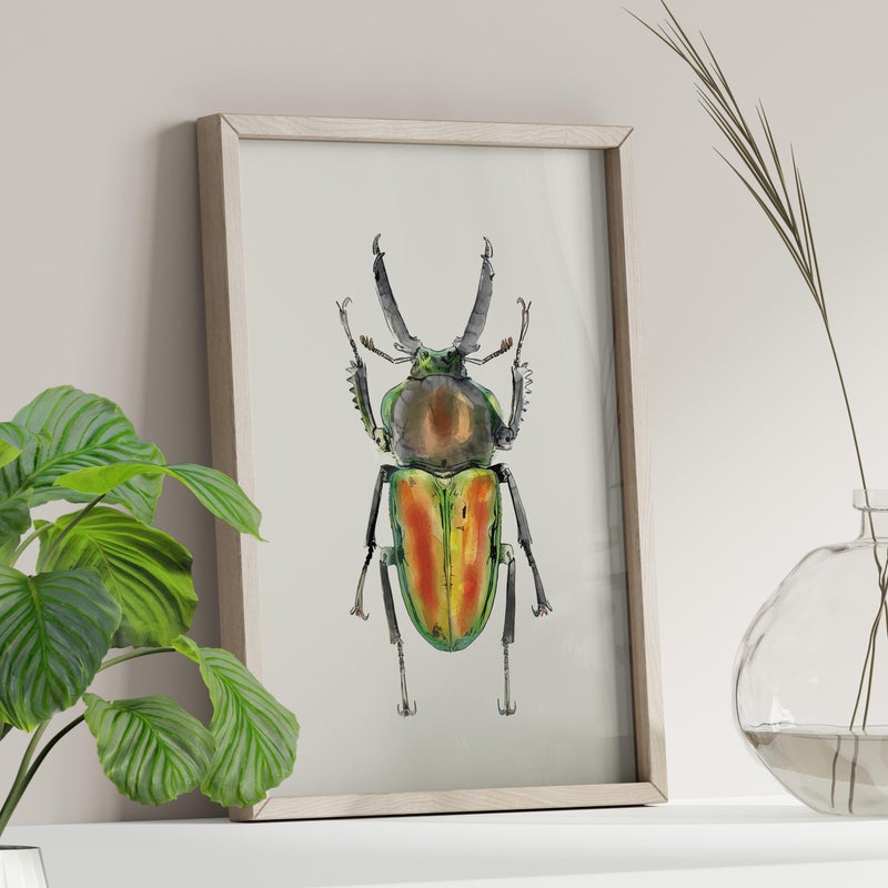 TNESSENTIAL Rainbow Stag Beetle Watercolor Wall Art Poster or Canvas Print, Phalacrognathus Muelleri Illustration, Iridescent Metallic Insect Wall Decor - Image 1