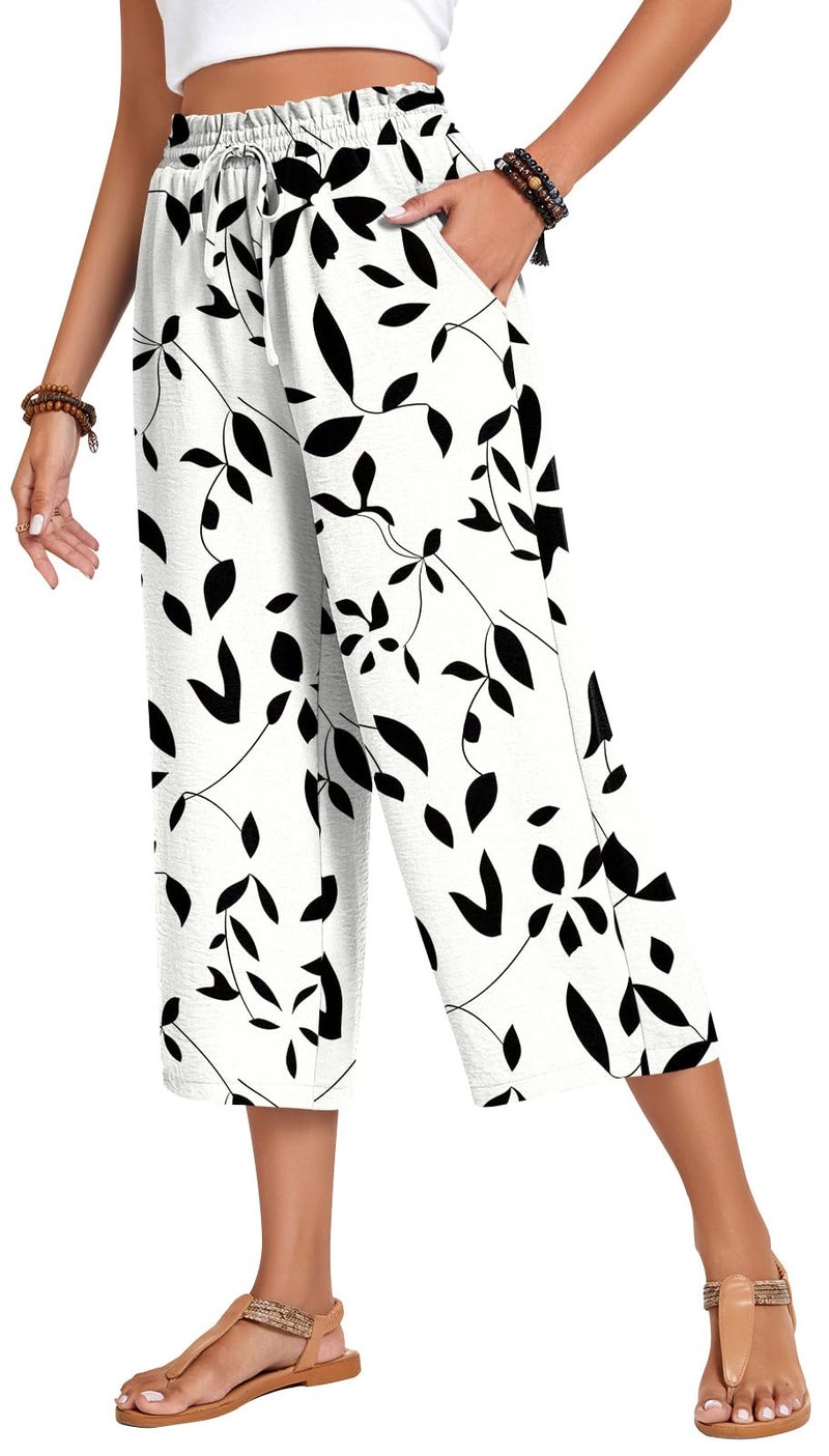Anyhold Womens Capri Pants Loose High Waisted Wide Leg Lounge Pants Drawstring Casual Palazzo Trousers with Pockets Large, Apricot-Black Leaves - Image 1