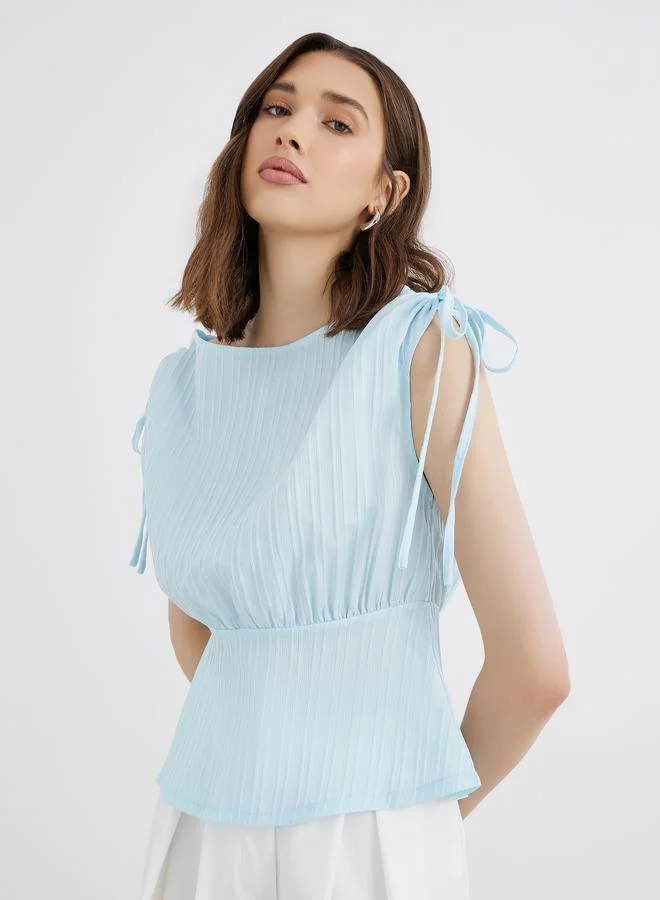 Take Two Textured Shoulder Tie-Up Detail Blouse