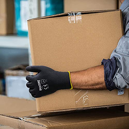 DULFINE قفازات عمل مطلية بـ PU رقيقة للغاية - 12 زوج، قبضة ممتازة، قفازات عمل أمان مطلية بالبولي يوريثان بغطاء نايلون أسود، كف محبوك، مثالية للأعمال الخفيفة. (متوسط) - Image 4