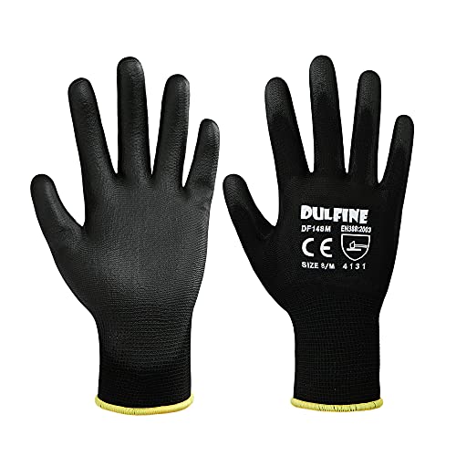 DULFINE قفازات عمل مطلية بـ PU رقيقة للغاية - 12 زوج، قبضة ممتازة، قفازات عمل أمان مطلية بالبولي يوريثان بغطاء نايلون أسود، كف محبوك، مثالية للأعمال الخفيفة. (متوسط) - Image 2