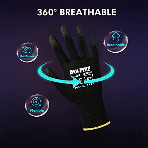 DULFINE قفازات عمل مطلية بـ PU رقيقة للغاية - 12 زوج، قبضة ممتازة، قفازات عمل أمان مطلية بالبولي يوريثان بغطاء نايلون أسود، كف محبوك، مثالية للأعمال الخفيفة. (متوسط) - Image 3