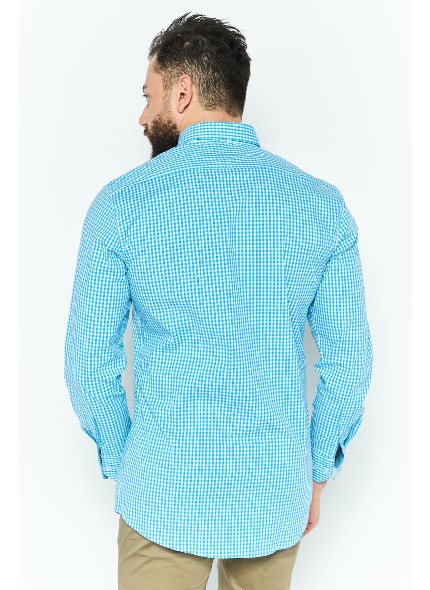Tailorbyrd Men Regular Fit Gingham Pattern Long Sleeve Casual Shirt, Blue  - Image 4