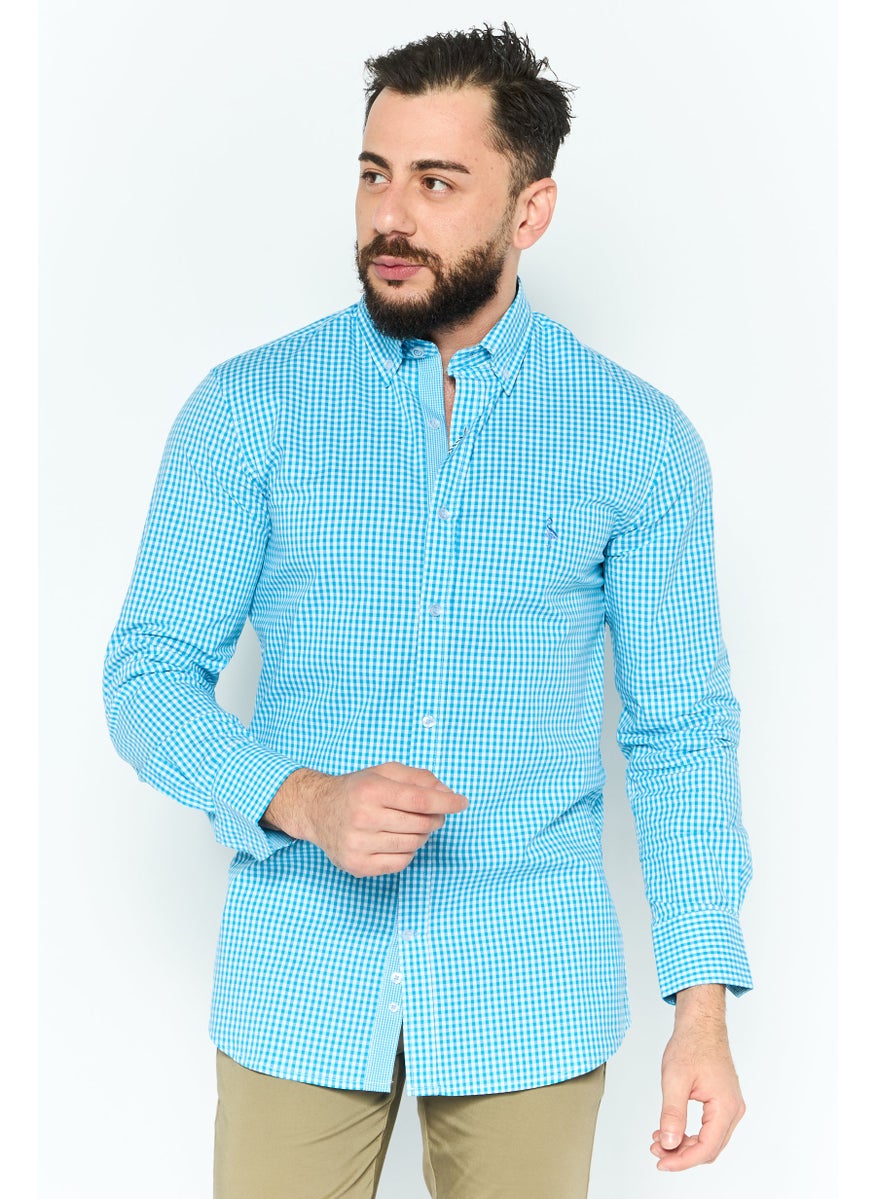 Tailorbyrd Men Regular Fit Gingham Pattern Long Sleeve Casual Shirt, Blue  - Image 1
