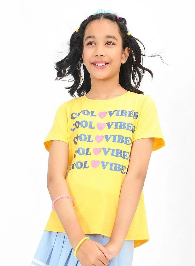 بونكيدز Regular Fit Printed Yellow Cotton T-Shirt For Girls Round Neck Flat Collar Pull On 100 % Cotton