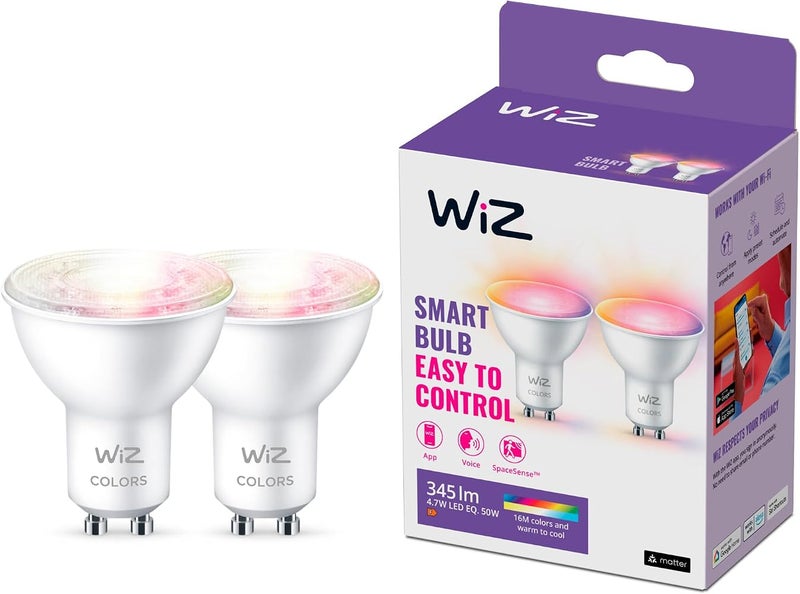 WiZ Colour [GU10 Spot] Smart Connected WiFi Light Bulb 2 Pack. 60W Colour and White Light, App Control for Home Indoor Lighting, Livingroom, Bedroom. - Image 1