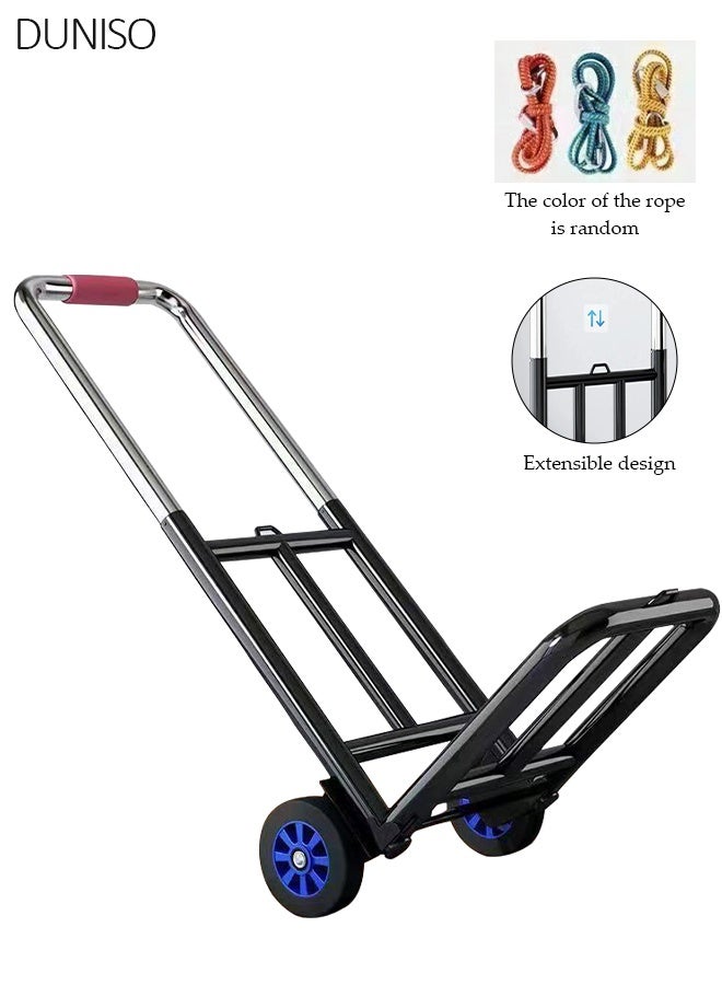 DUNISO Folding Hand Truck, Portable Dolly Cart,Light Portable Trolley with 3 Elastic cord, , Folding Home Moving Trailer,Heavy Duty Portable Luggage Trolley for Home, Luggage, Travel, Warehouse and Office(Blue Rubber Wheel) - Image 1
