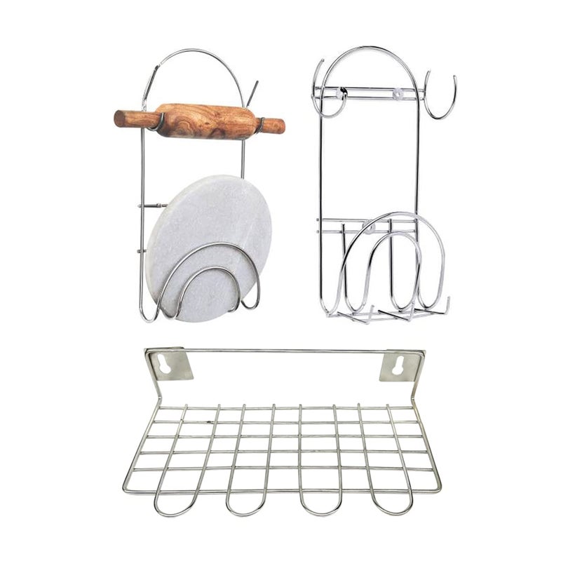 JISUN Stainless Steel Wall Mounted Ladle Stand Wall Mounted Chakla Belan Stand with Hooks Pack of 2 for Kitchen Silver  - Image 1