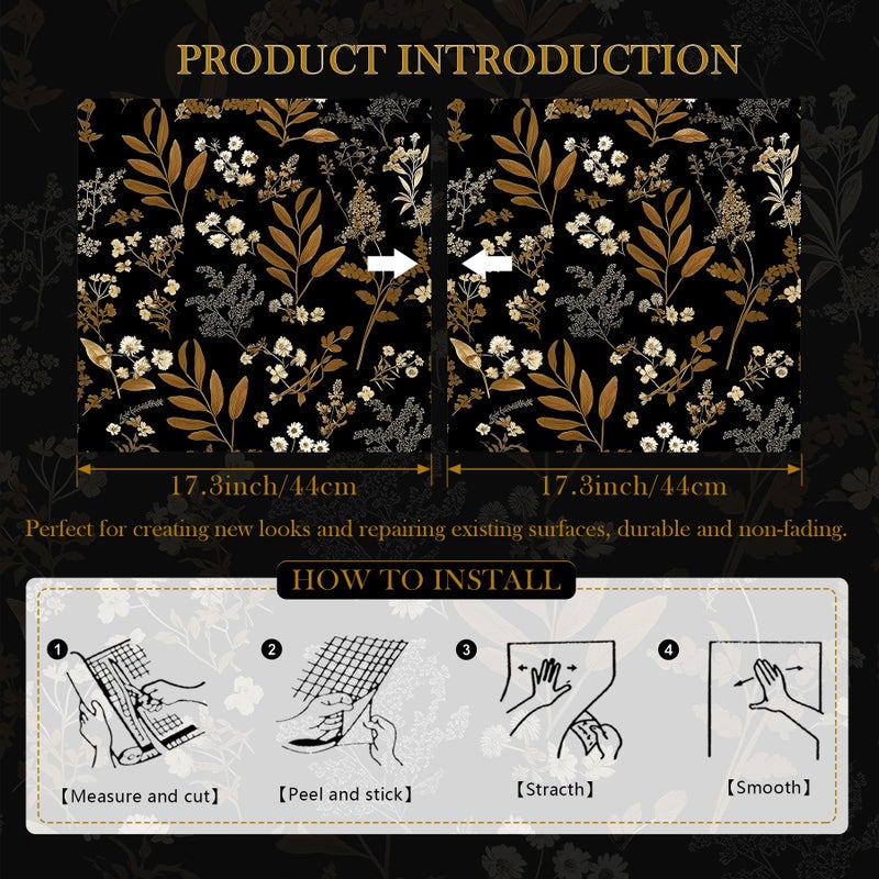 OSECAGE Peel and Stick Wallpaper Black Floral Wallpaper Vintage Contact Paper Gold Leaf 17.3''Ã—78.8'' Self Adhesive Wall Paper Removable Boho Wallpapers Decorative for Bedroom Bathroom Cabinets Decor Vinyl - Image 3