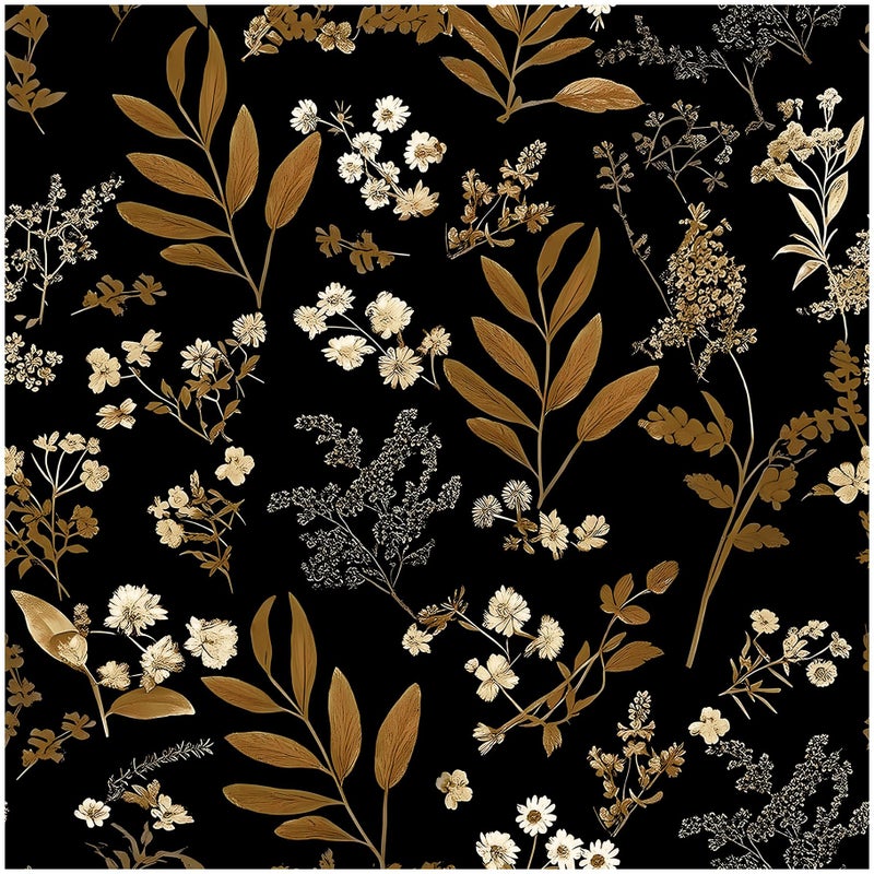 OSECAGE Peel and Stick Wallpaper Black Floral Wallpaper Vintage Contact Paper Gold Leaf 17.3''Ã—78.8'' Self Adhesive Wall Paper Removable Boho Wallpapers Decorative for Bedroom Bathroom Cabinets Decor Vinyl - Image 1