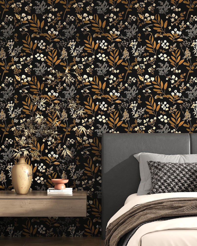OSECAGE Peel and Stick Wallpaper Black Floral Wallpaper Vintage Contact Paper Gold Leaf 17.3''Ã—78.8'' Self Adhesive Wall Paper Removable Boho Wallpapers Decorative for Bedroom Bathroom Cabinets Decor Vinyl - Image 2