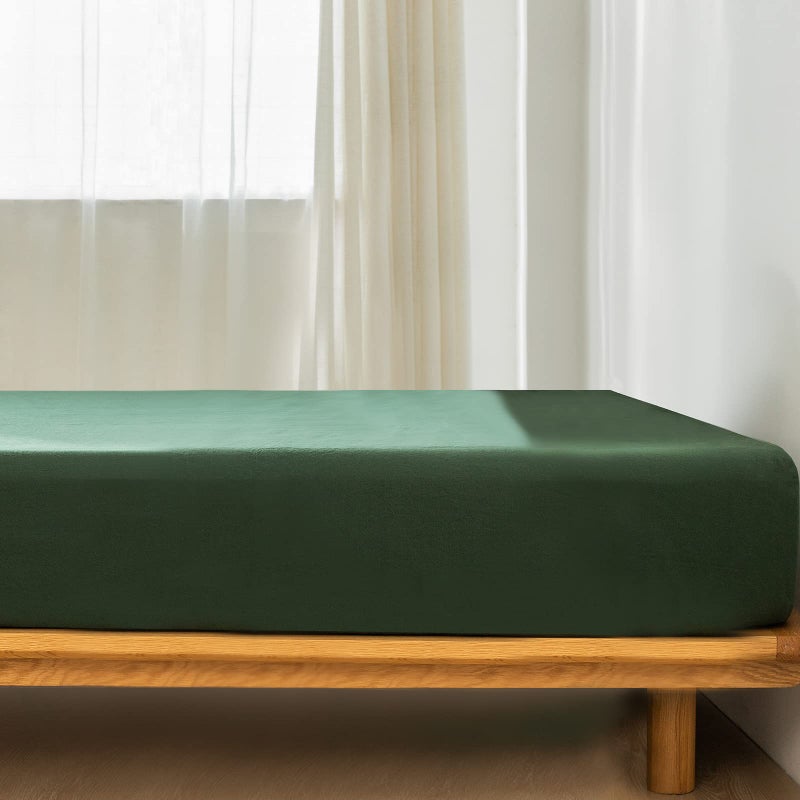 MooMee Fitted Bottom Sheet Only 100% Washed Cotton Linen Like Textured Breathable Durable Soft Comfy Deep Pocket Fits Mattress up to 17"" (Forest Green  King) - Image 2