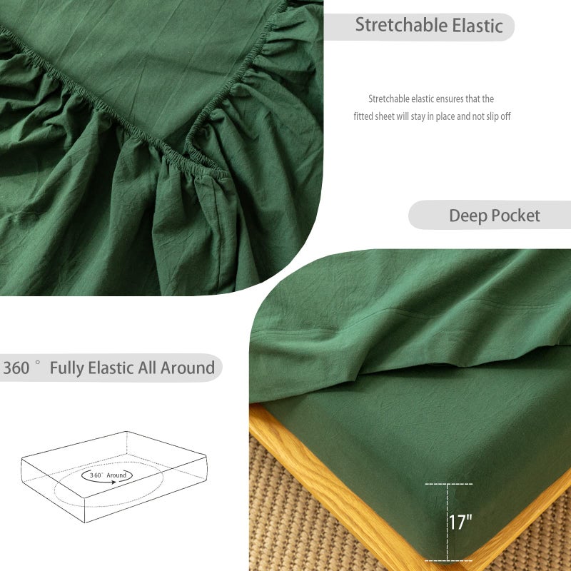 MooMee Fitted Bottom Sheet Only 100% Washed Cotton Linen Like Textured Breathable Durable Soft Comfy Deep Pocket Fits Mattress up to 17"" (Forest Green  King) - Image 4