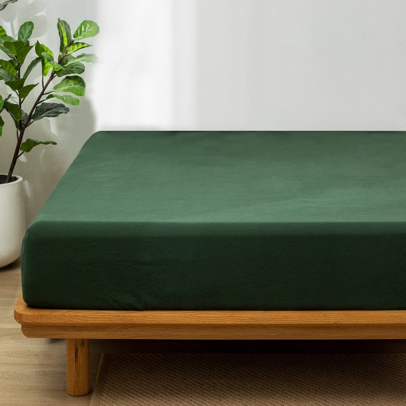 MooMee Fitted Bottom Sheet Only 100% Washed Cotton Linen Like Textured Breathable Durable Soft Comfy Deep Pocket Fits Mattress up to 17"" (Forest Green  King) - Image 3