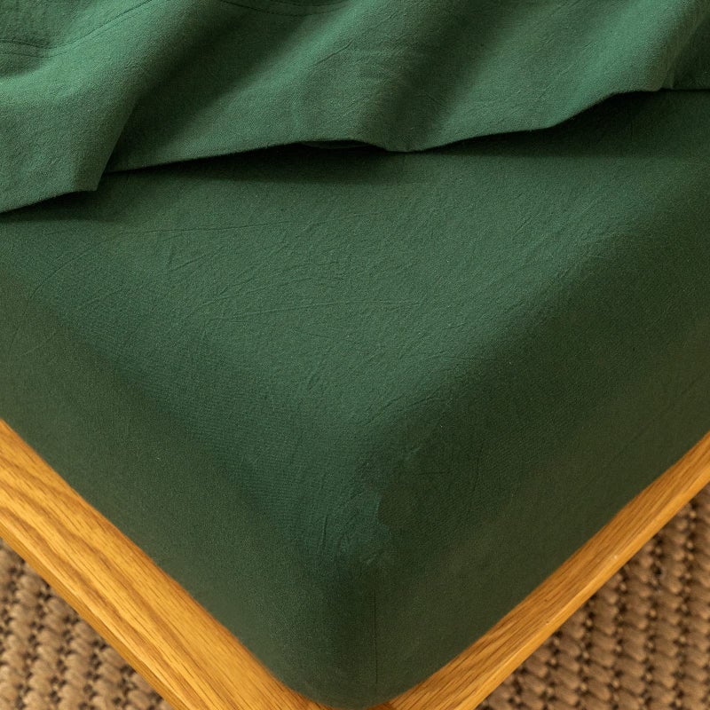 MooMee Fitted Bottom Sheet Only 100% Washed Cotton Linen Like Textured Breathable Durable Soft Comfy Deep Pocket Fits Mattress up to 17"" (Forest Green  King) - Image 1