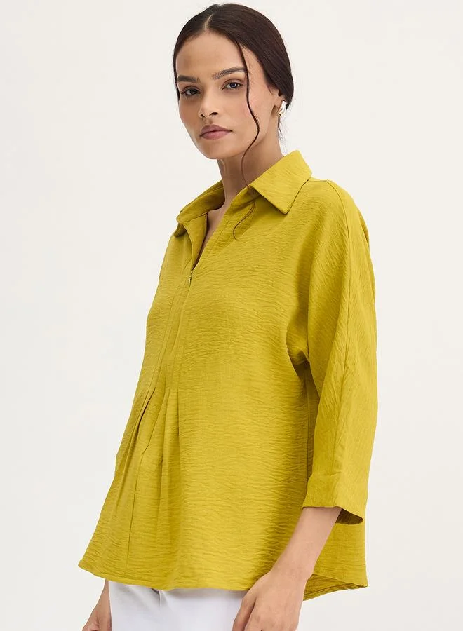 Femmella Citrine Green Pleat Detail Top with 3/4 Sleeves