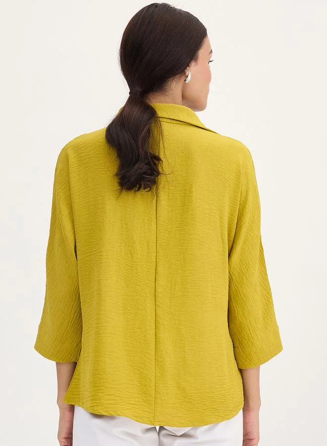 Femmella Citrine Green Pleat Detail Top with 3/4 Sleeves