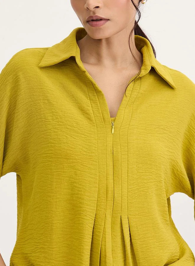 Femmella  Citrine Green Pleat Detail Top with 3/4 Sleeves for Women | Best Price UAE