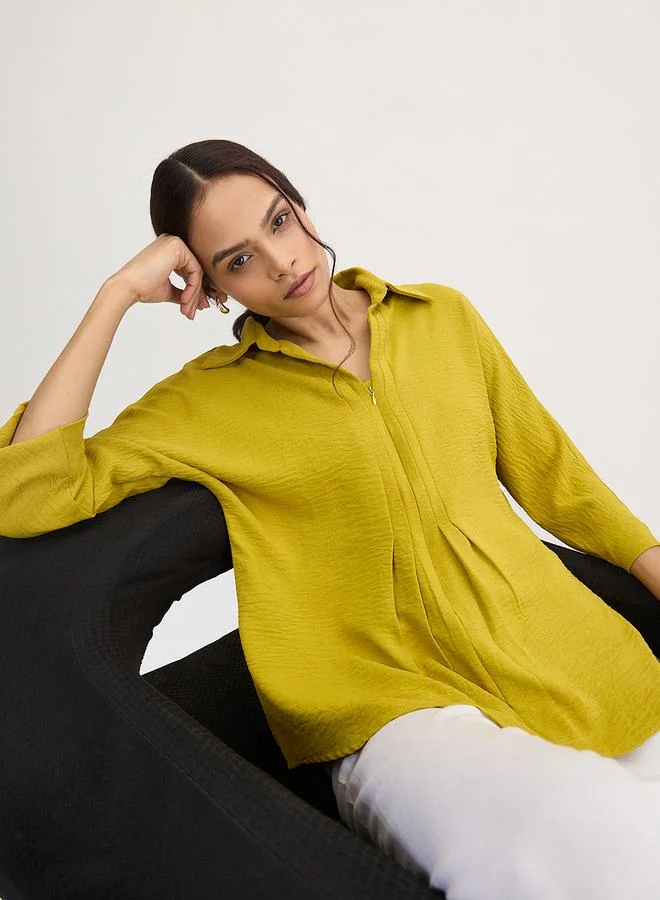 Femmella  Citrine Green Pleat Detail Top with 3/4 Sleeves for Women | Best Price UAE