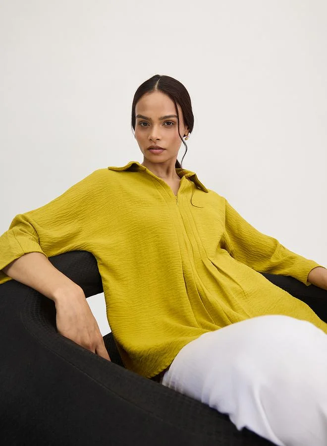 Femmella  Citrine Green Pleat Detail Top with 3/4 Sleeves for Women | Best Price UAE