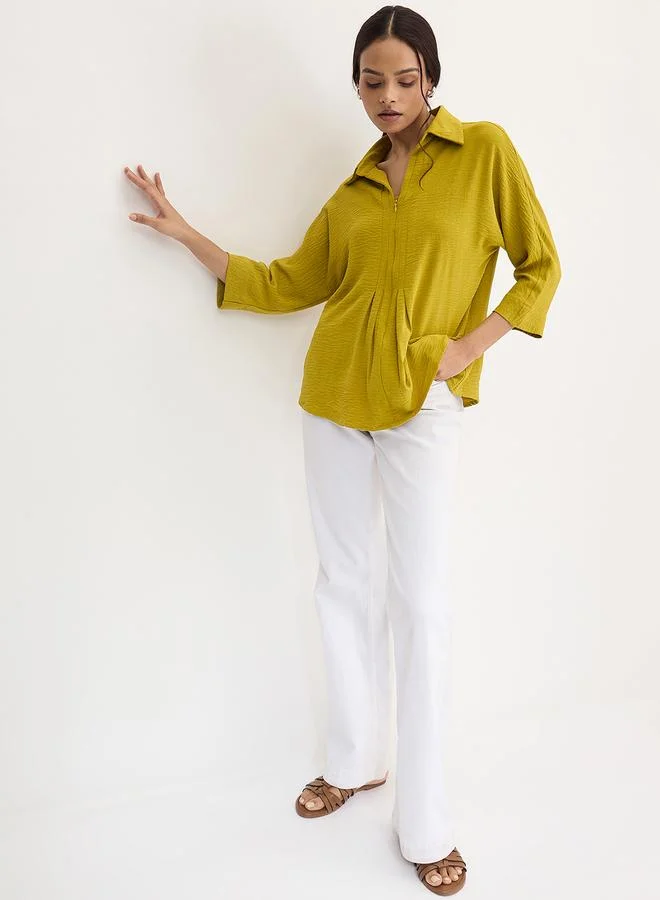 Femmella  Citrine Green Pleat Detail Top with 3/4 Sleeves for Women | Best Price UAE