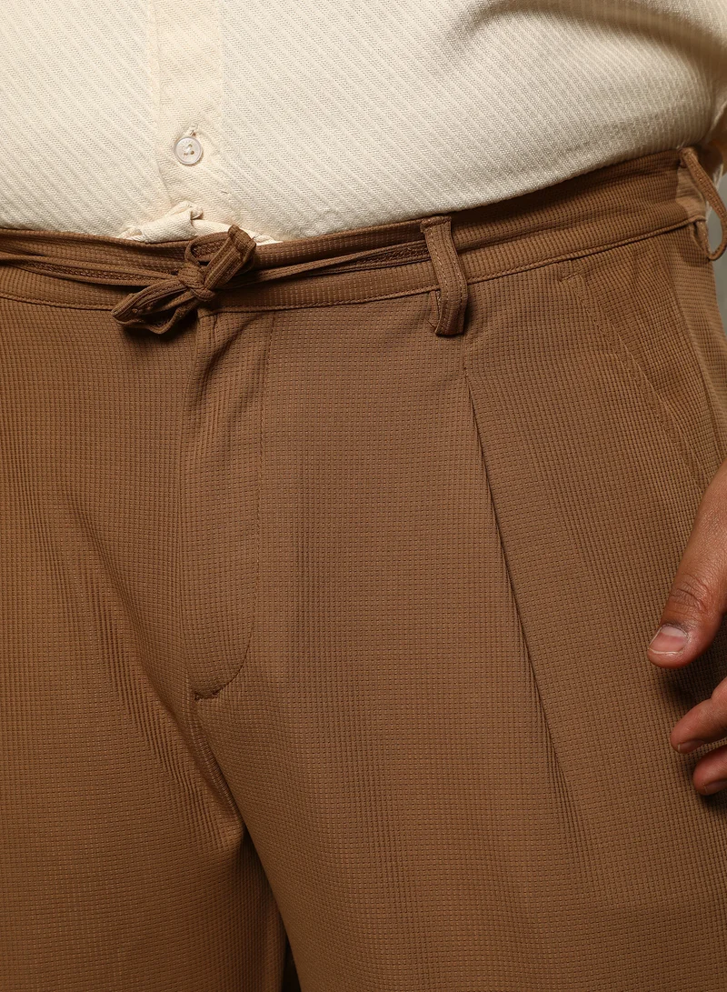 Instafab Plus Instafab Plus Men's Sepia Brown Micro-Waffle Chino Trousers For Casual Wear | Mid-Rise | Regular Fit | Drawstring Closure | Plus Size Trousers Crafted With Comfort Fit For Everyday Wear
