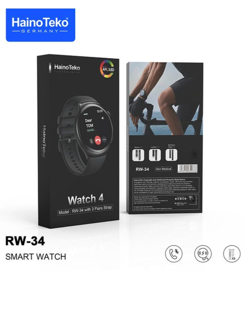 Haino Teko RW34 Smart Watch IPS HD AMOLED Display Screen With Three Strap Stainless Steel and Leather - Image 1