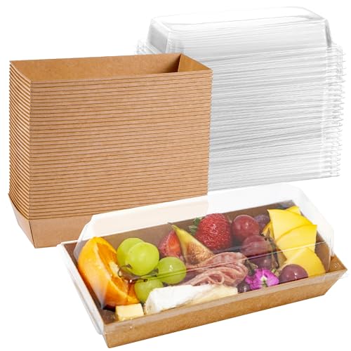 Leafiew 50 Pack 7.5x3.3 Inches Small Charcuterie Boxes with Clear Lids - To Go Paper Mini Treat Box, Charcuterie Boards Accessories, Dessert Boxes, Cookie, Cake Slice, Chocolate Strawberry, Donut (Brown) - Image 1