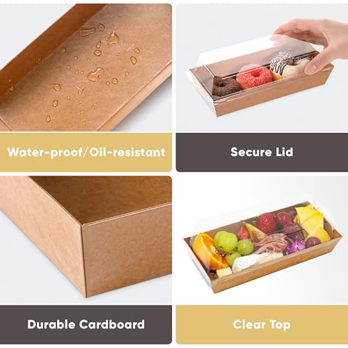Leafiew 50 Pack 7.5x3.3 Inches Small Charcuterie Boxes with Clear Lids - To Go Paper Mini Treat Box, Charcuterie Boards Accessories, Dessert Boxes, Cookie, Cake Slice, Chocolate Strawberry, Donut (Brown) - Image 4