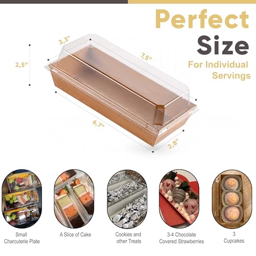 Leafiew 50 Pack 7.5x3.3 Inches Small Charcuterie Boxes with Clear Lids - To Go Paper Mini Treat Box, Charcuterie Boards Accessories, Dessert Boxes, Cookie, Cake Slice, Chocolate Strawberry, Donut (Brown) - Image 2