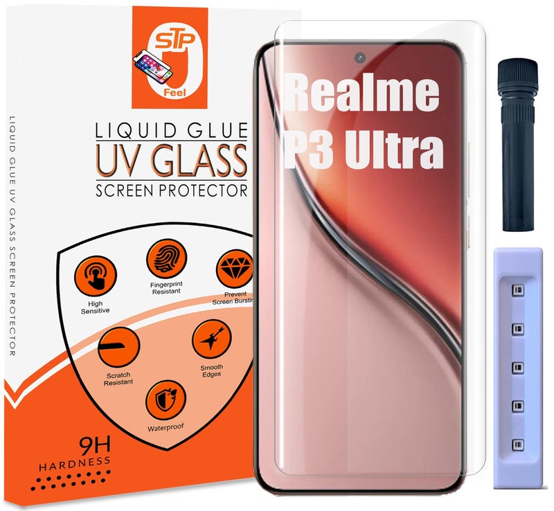 STP FEEL® UV Advanced Tempered Glass Screen Protector Guard Compatible For Realme P3 Ultra 5G (6.83 Inch, Pack of 1) Full Adhesive UV Curved Case Friendly HD Clarity with easy installation kit - Image 1