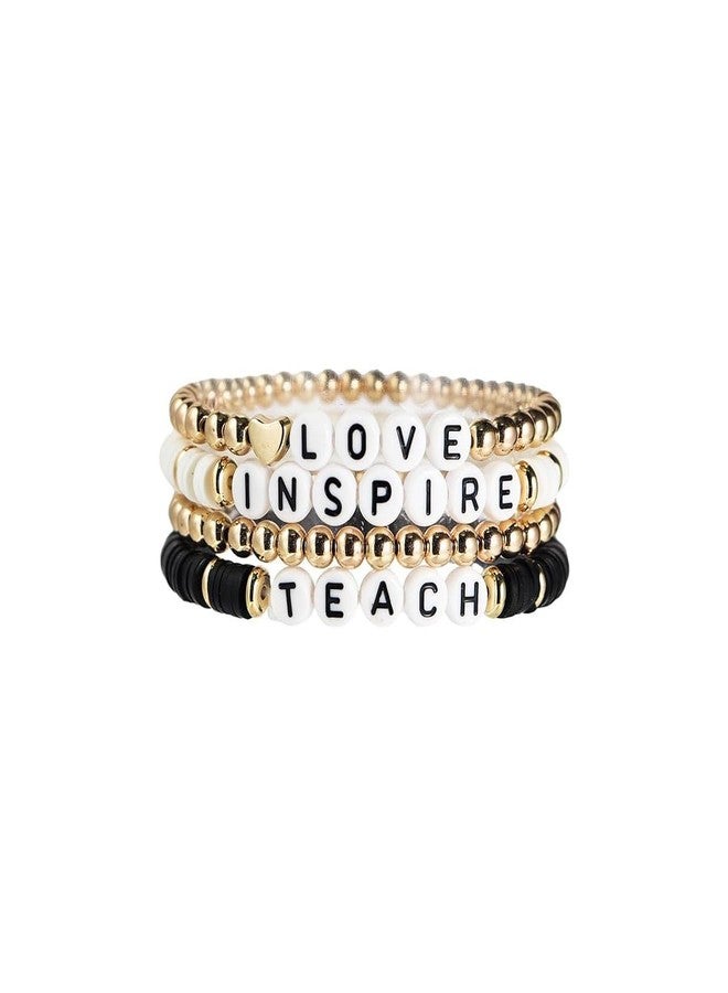 SCRDPRAD Handmade Teacher Appreciation Stackable Bracelets Colorful Solf Clay Love Teach Inspire Letter Beaded Adjustable Heishi Surfer Bracelets Sweet Teacher Gifts for Women-black - Image 1
