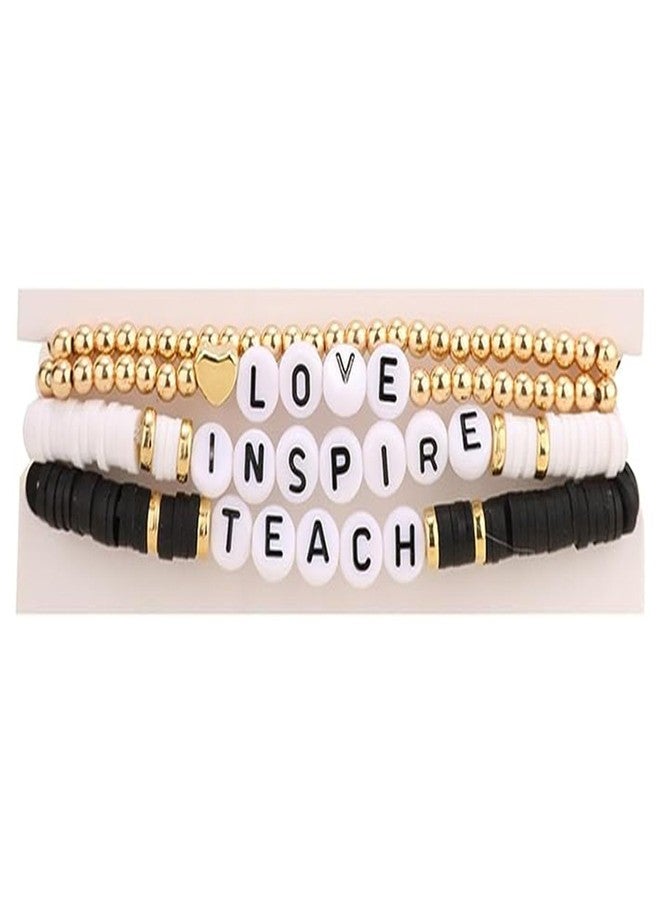 SCRDPRAD Handmade Teacher Appreciation Stackable Bracelets Colorful Solf Clay Love Teach Inspire Letter Beaded Adjustable Heishi Surfer Bracelets Sweet Teacher Gifts for Women-black - Image 2